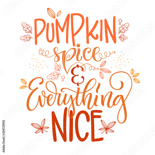 Pumpkin spice and everything nice - quote. Autumn pumpkin spice season handdrawn lettering phrase.