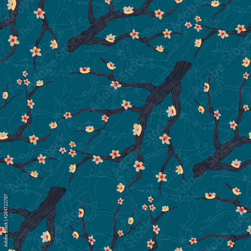 Sakura branches with flowers vintage color seamless pattern