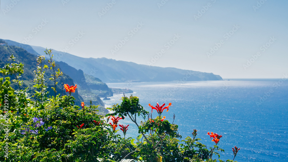 Atlantic ocean Vigia viewpoint in Santana region near Proto Moniz, Madeira island, Portugal in summer sunny day 