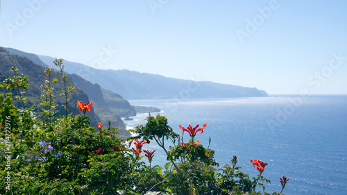 Atlantic ocean Vigia viewpoint in Santana region near Proto Moniz, Madeira island, Portugal in summer sunny day 