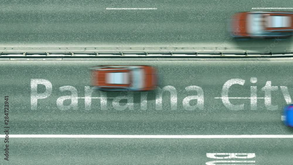 Overhead view of the busy car road with Panama City text. Travel to Panama intro clip Overhead view of the busy car road with Panama City text. Travel to Panama intro clip