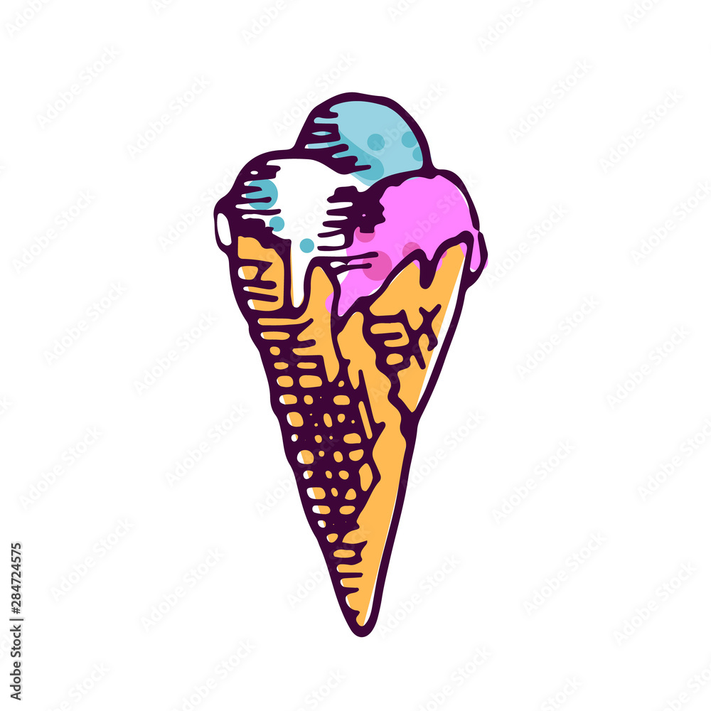 Ice cream scoops in cone hand drawn illustration Ice cream scoops in cone hand drawn illustration