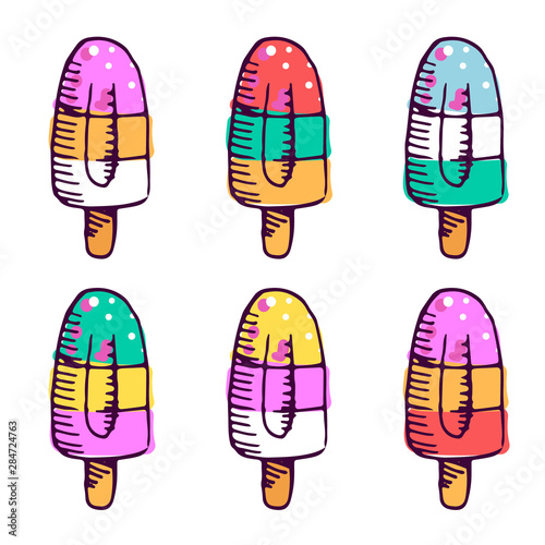 Ice cream on stick hand drawn illustrations set