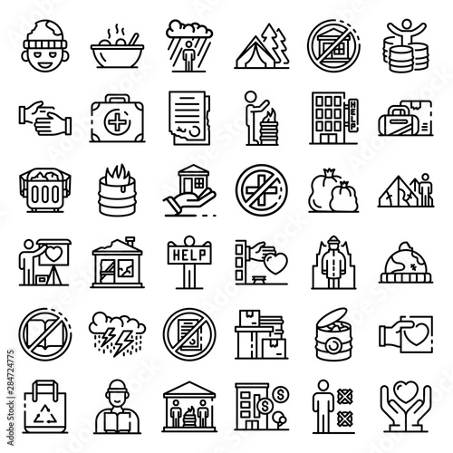 Homeless shelter icons set. Outline set of homeless shelter vector icons for web design isolated on white background