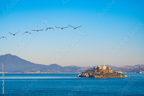 Alcatraz Prison Island in San Francisco Bay, offshore from San Francisco, California, a small island with military fortification and federal prison, now a famous national historical landmark. photo