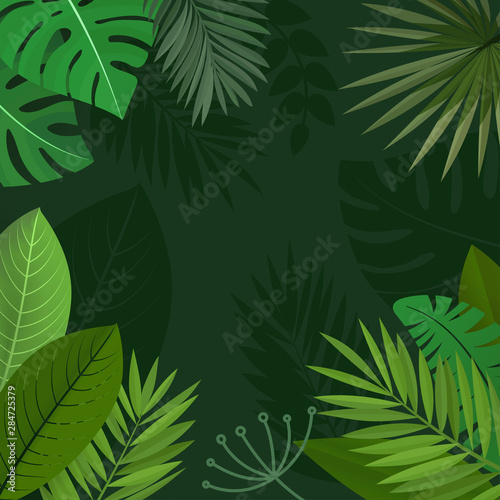Summer jungle green leaves vector background