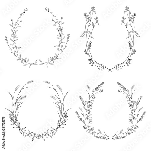 Floral black and white Frame Collection in line style. Set of cute retro leaf arranged un a shape of the wreath