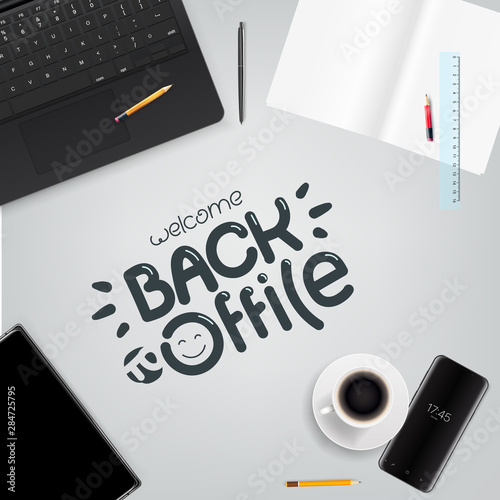 Welcome back to office. Different business stuff on a table. Top view