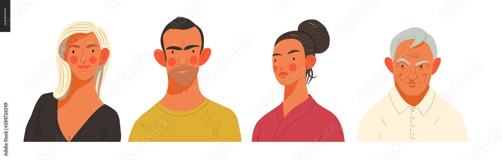 Real people portraits set - hand drawn flat style vector design concept illustration of men and women, male and female faces and shoulders avatars. Flat style vector icons set Real people portraits set - hand drawn flat style vector design concept illustration of men and women, male and female faces and shoulders avatars. Flat style vector icons set