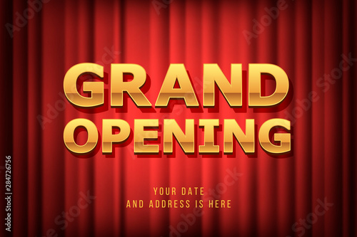 Grand opening vector banner, illustration. Template festive design element with red curtain, sign for opening ceremony