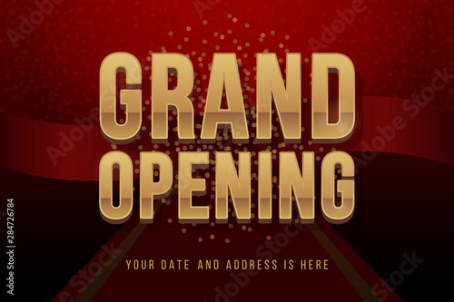Grand opening invitation concept. Luxury design. Gold glitter letters on abstract background with red carpet, light effect and confetti. Applicable for banner, flyer, presentation and poster design