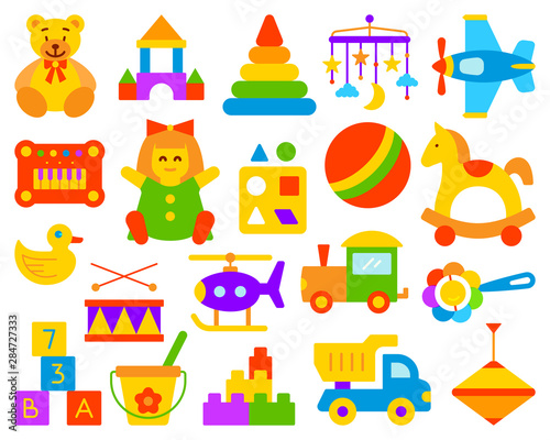 Baby Toy simple kid play flat color vector set