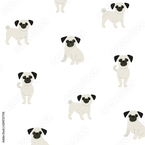 Fototapeta Naklejka Na Ścianę i Meble -  Cartoon happy pug dog - simple trendy pattern with dogs. Flat vector illustration for prints, clothing, packaging and postcards. 