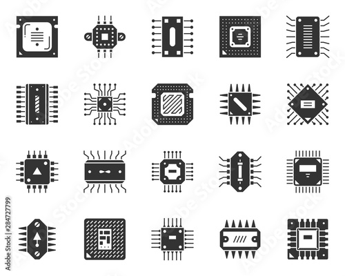Microchip black silhouette icons cpu vector set
