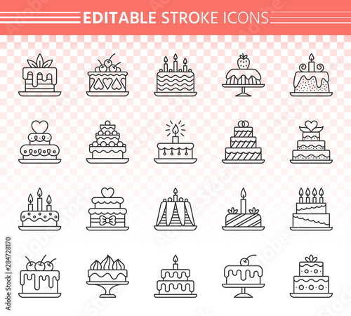 Cake baking simple black line icons vector set