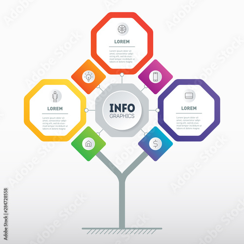 Business presentation concept with 3 or 7 options. Template of development tree, diagram. Info graphic of technology or education process with three steps. Infographics consisting of octagons.
