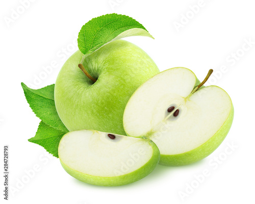 Composition with whole and cutted green apples isolated on a white background.