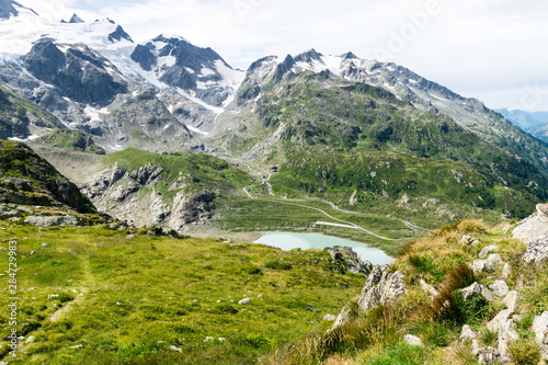 beautiful landscape with mountain glacier lake, Sustenpass, Canton Bern, Switzerland, Europe 