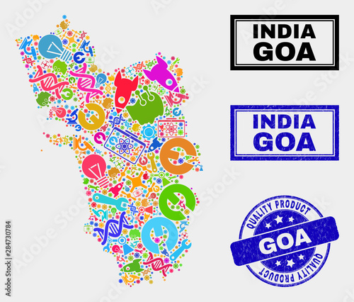 Vector combination of tools Goa State map and blue seal for quality product. Goa State map collage formed with tools  wrenches  production symbols.