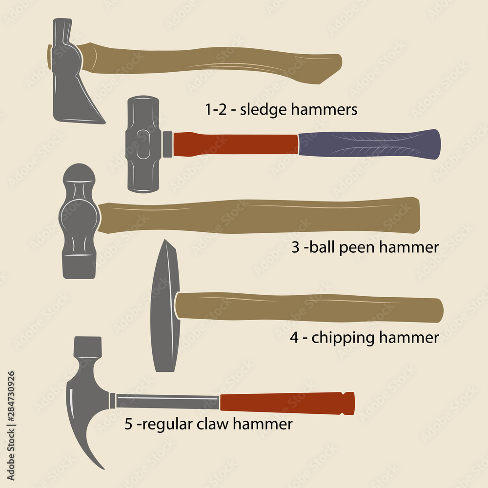 Different types of hammers: sledge hammers, ball peen hammer, chipping  hammer, regular claw hammer. Color illustration. Stock-Vektorgrafik | Adobe  Stock