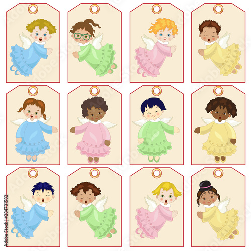 Set of 10 labels with a hole for a ribbon with little angels to hang on fir or Christmas presents