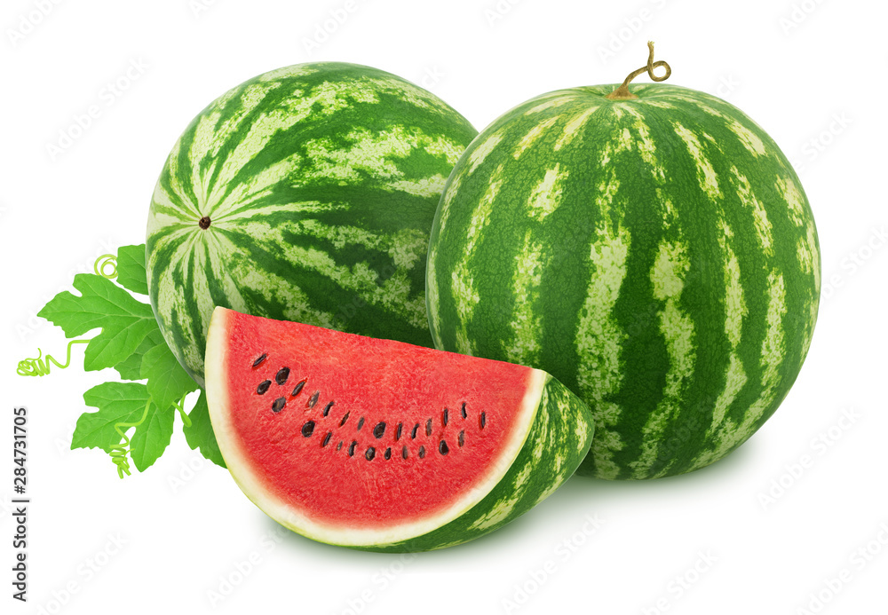 Composition with whole ripe watermelons and slice isolated on white background. As design elements. Composition with whole ripe watermelons and slice isolated on white background. As design elements.