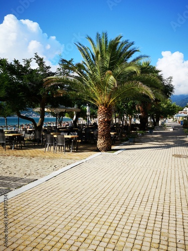 Mediterranean beach with tavern terrace and palms photo