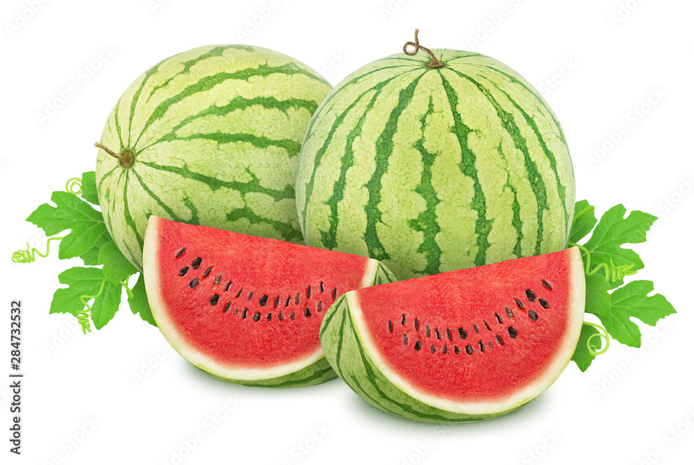 Composition with ripe watermelons and leaves isolated on white background. As design elements. Composition with ripe watermelons and leaves isolated on white background. As design elements.