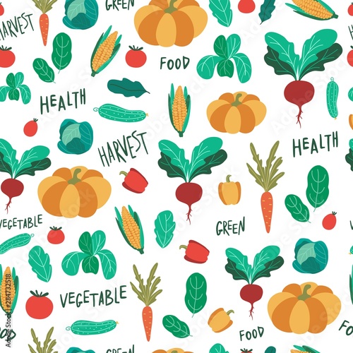 Vegetable Seamless pattern with tomato and pumpkin  cucumber and pepper  corn and cabbage  salad and carrot. Hand drawn cartoon vector illustration of background. 