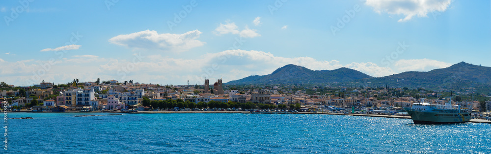 Panoramic view of Aegina port in Aegina island, Greece on June 19, 2017