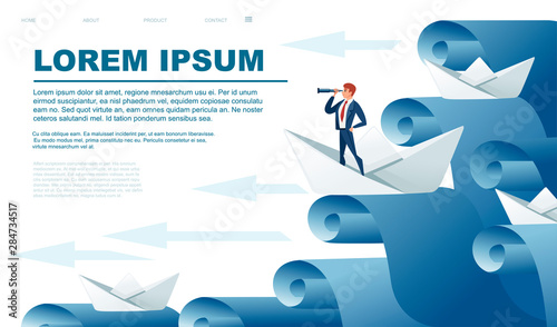 Folded paper boats with businessman look in spyglass on water waves following the leader abstract concept flat vector illustration