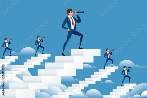 Businessmans on white stairs looking in future with spyglass cartoon character design flat vector illustration horizontal banner