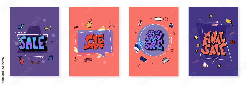 Sale banner. Vector card with stylized text.