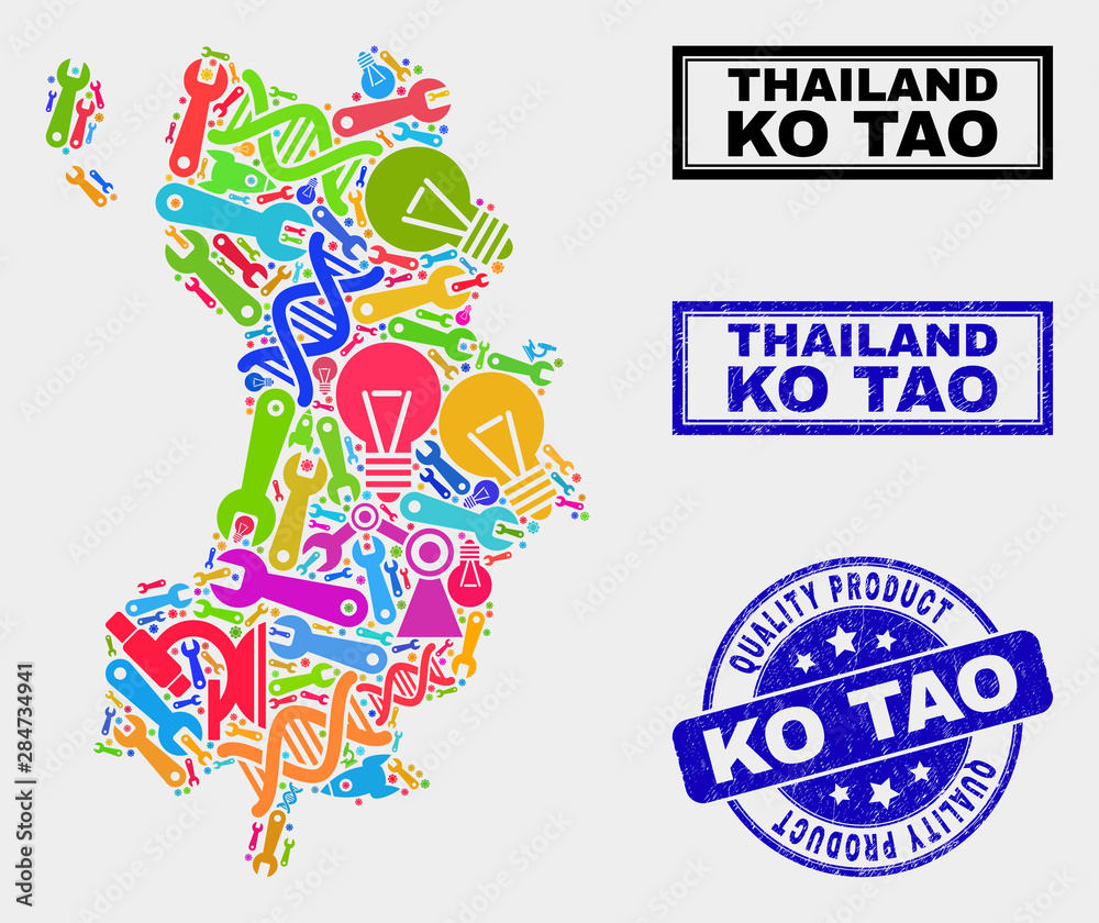 Vector collage of tools Ko Tao map and blue watermark for quality product. Ko Tao map collage formed with tools, wrenches, science icons. Vector abstract collage of Ko Tao map for service business,