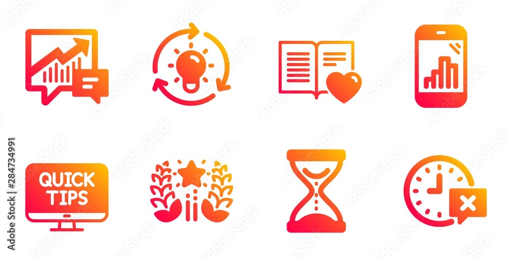 Ranking, Graph phone and Time hourglass line icons set. Idea, Accounting and Love book signs. Web tutorials, Time symbols. Laurel wreath, Mobile statistics. Business set. Vector