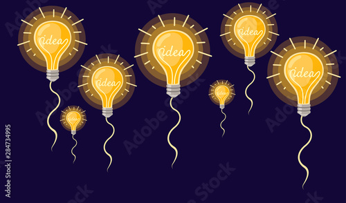 Flat cartoon incandescent lamp fly to the top yellow retro light bulb with IDEA concept vector illustration isolated on dark background