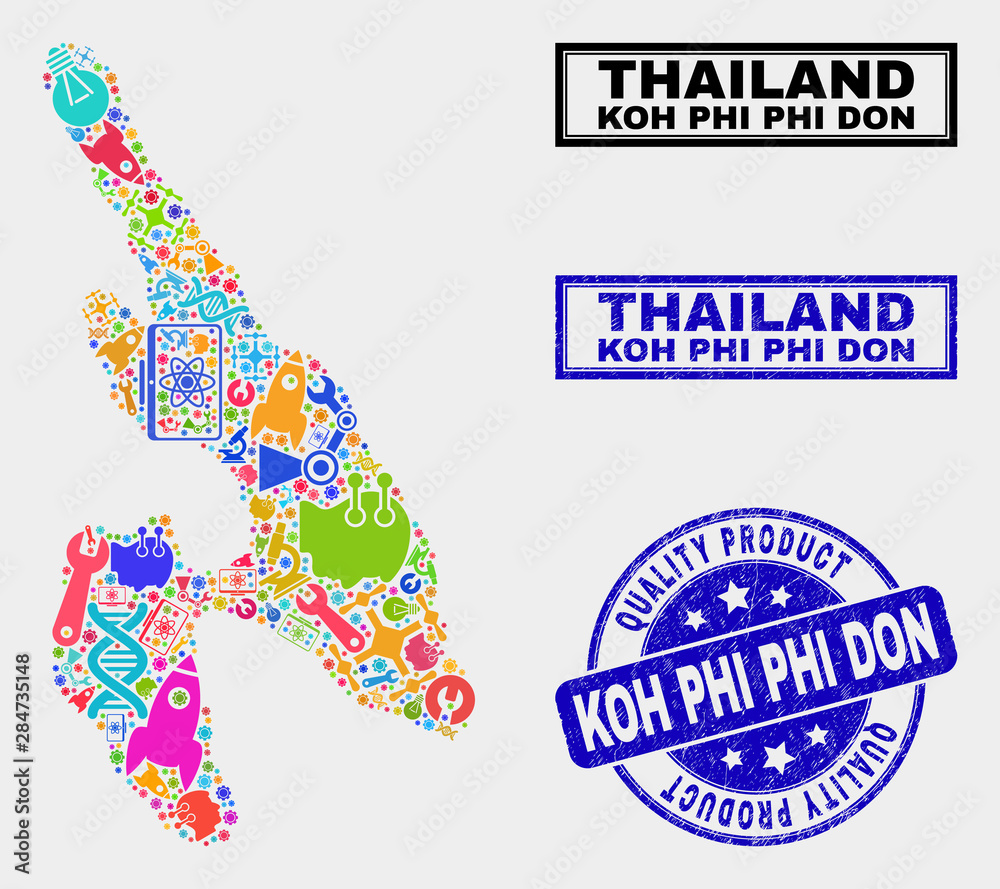 Vector collage of service Koh Phi Don map and blue seal for quality product. Koh Phi Don map collage constructed with tools, spanners, science symbols.