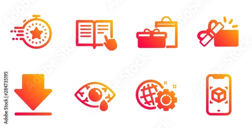 Opened gift, Read instruction and Seo gear line icons set. Gifts, Ð¡onjunctivitis eye and Timer signs. Downloading, Augmented reality symbols. Present box, Opened book. Business set. Vector