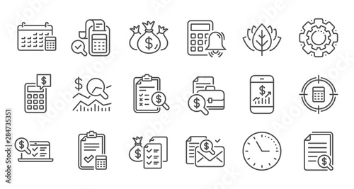 Accounting line icons. Report, Calculator and Checklist. Money linear icon set. Quality line set. Vector