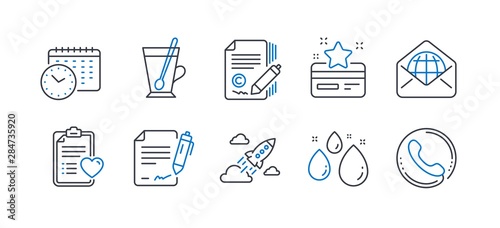 Set of Business icons, such as Calendar time, Copywriting, Loyalty card, Startup rocket, Water drop, Tea mug, Web mail, Signing document, Patient history, Call center line icons. Vector