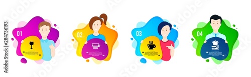 Bordeaux glass, Coffee and Bombon coffee icons simple set. People shapes timeline. Food sign. Wine glass, Cappuccino, Cafe bombon. Chef hat. Food and drink set. Dynamic shape offer. Vector