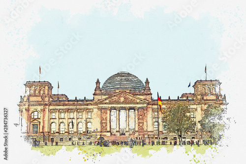 Canvas Print Watercolor sketch or illustration of a beautiful view of the Reichstag building
