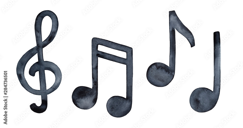Watercolour illustration collection of musical symbols: clef and music