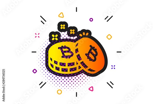 Cryptocurrency coin sign. Halftone circles pattern. Bitcoin icon. Crypto money symbol. Classic flat bitcoin icon. Vector