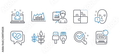 Set of Science icons, such as Presentation, Face attention, Best manager, Chemistry lab, Gluten free, Puzzle, Medical drugs, Infographic graph, Computer cables, Recovery ssd line icons. Vector