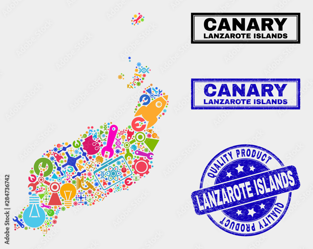 Vector collage of service Lanzarote Islands map and blue watermark for quality product. Lanzarote Islands map collage made with equipment, spanners, science icons. Vector collage of service Lanzarote Islands map and blue watermark for quality product. Lanzarote Islands map collage made with equipment, spanners, science icons.