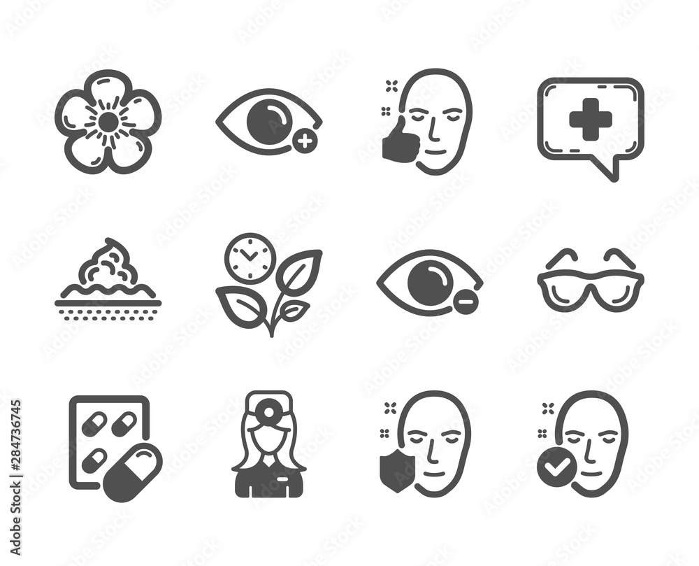 Set of Healthcare icons, such as Skin care, Leaves, Farsightedness, Healthy face, Natural linen, Health skin, Medical chat, Capsule pill, Eyeglasses, Oculist doctor, Face protection. Vector