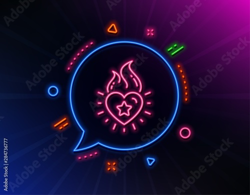 Heart flame line icon. Neon laser lights. Love fire emotion sign. Valentine day symbol. Glow laser speech bubble. Neon lights chat bubble. Banner badge with heart flame icon. Vector