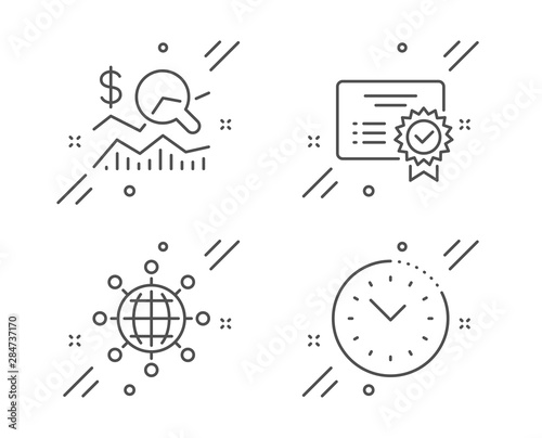 Certificate, International globe and Check investment line icons set. Time management sign. Verified document, World networking, Business report. Office clock. Education set. Vector