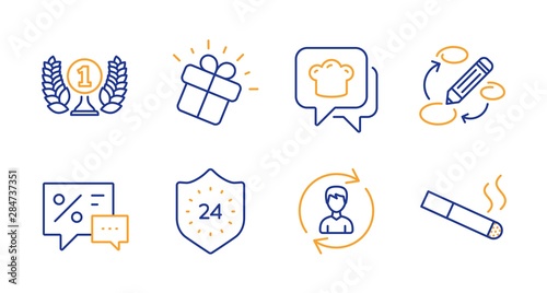 24 hours, Human resources and Gift line icons set. Cooking hat, Discounts and Laureate award signs. Keywords, Smoking symbols. Protection, Update profile. Business set. Line 24 hours icon. Vector